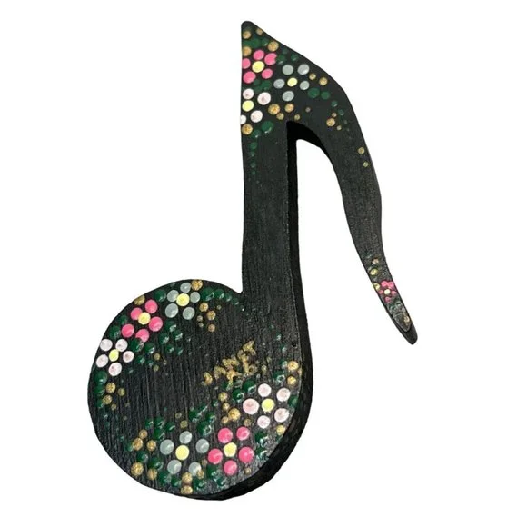 Music Eighth Note Brooch Pin Black Floral Vtg Hand Painted Wood 'Janet' - Picture 6 of 6